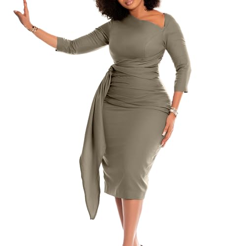 Useagrey Women's Summer Office Dress Three Quarter Sleeves Pleated Tie Plus Size Dress Soulmate Dresses