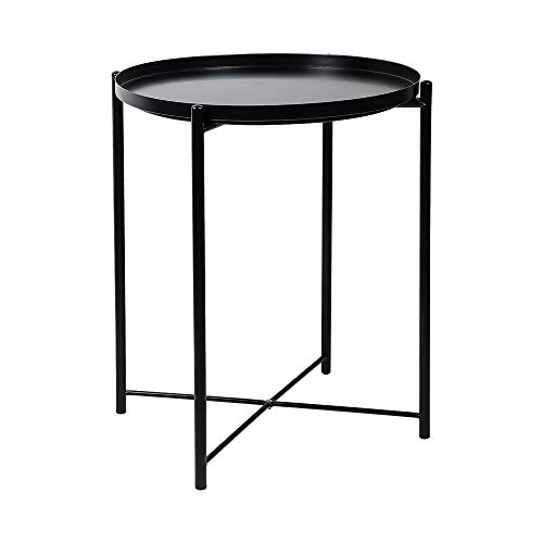 YX-lle Home - Mesa de café redonda de metal para mesa auxiliar de noche, mesa auxiliar de café, mesa auxiliar con bandeja extraíble de 44 cm, para sala de estar o dormitorio Negro