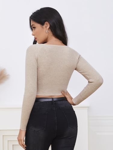 MakeMeChic Women's Long Sleeve Cropped Sweater Crew Neck Rib Knitted Tee Tops2