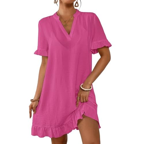 Bsubseach Womens Swimsuit Cover Up Shirt Ruffle Short Sleeve Bathing Suit Coverups V Neck Flowy Ruffled Beach Bikini Dress Rose Red Medium