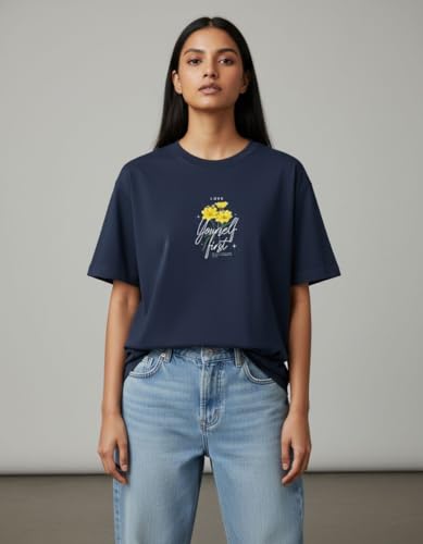 Image of Oversized Cotton T-Shirt for Women Half Sleeve - Love Yourself First Printed Tee - Breathable Loose Fit Motivational Casual Wear for College and Daily Outfits