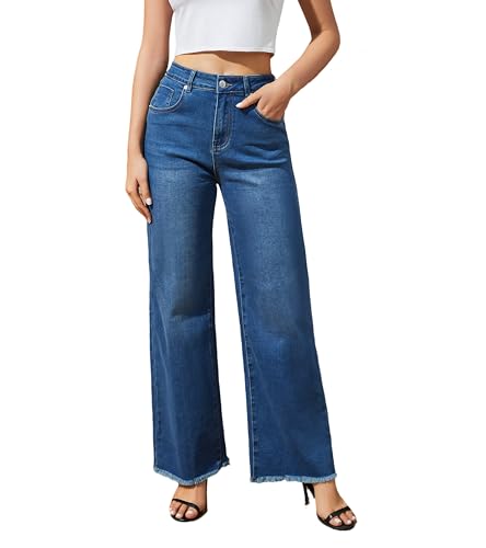 Women's Wide Leg Jeans High Waisted Strechy Jeans for Women Straight Raw Hem Loose Casual Denim