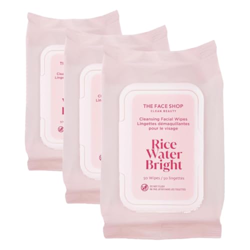 Image of THE FACE SHOP Rice Water Bright Makeup Remover Wipes for Face, Moisturizing, Infused with Rice Extract, Disposable Cleansing Facial Wipes, 50 Count (Pack of 3)