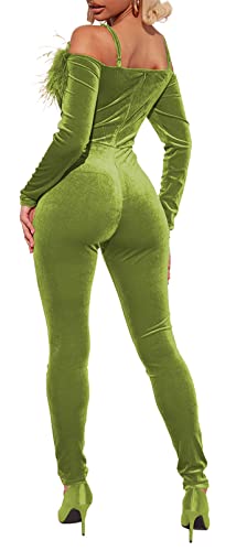 Womens Sexy Long Sleeve Off Shoulder Feather Paneled Bodycon Party Clubwear Jumpsuit Rompers Green #TOP1