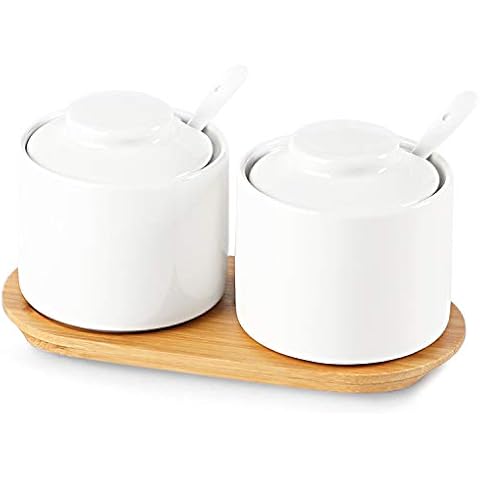 ONTUBE Ceramic Sugar Bowl with Lid and Spoon Set of 2,Porcelain Seasoning Box Salt Bowl with Tray,8oz (White) Cover