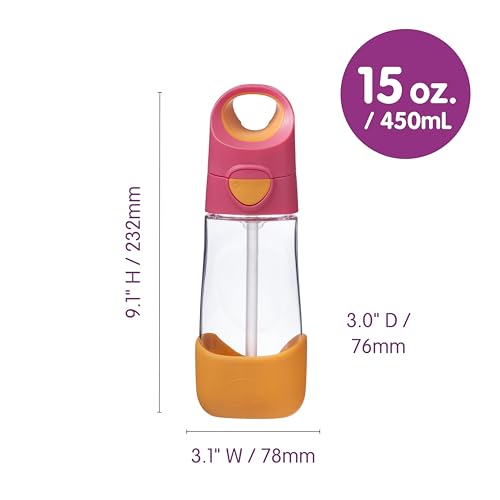 Image of b.box Tritan Straw Kids Water Bottle 450ml | School Bottle for Kids, BPA Free Straw Bottle | Leak Proof Bottle for Travel | Easy Grip Triangular Design & Handle | Pink Orange