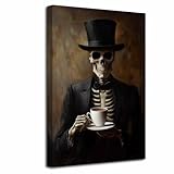 LZIMU Lustiges Skelett Gothic Bild: Skelett trinkt Kaffee 