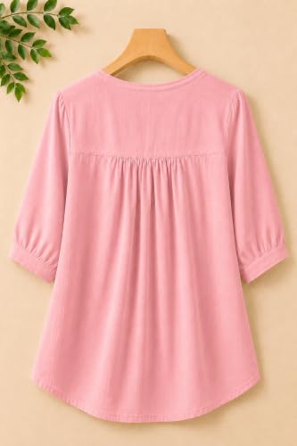 Image of RIEKA Womens Embroidered Korean Style Top and Tunic; V Neck| Floral Thread Embroidery| Three Quarter Puff Sleeves |Relaxed Fit Curved Hem| Casual Everyday Fusion Top