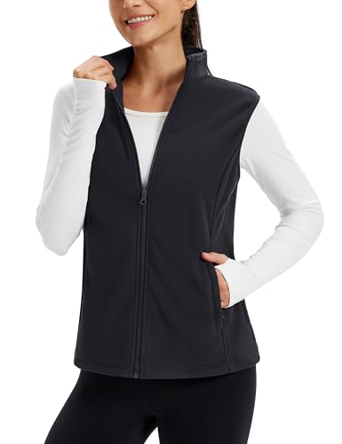 TACVASEN Fleece Vest Damen Outdoor Ärmellos Jacke Warm Fleeceweste Standkragen mit Reißverschlusstaschen Sportweste Schwarz L