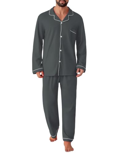 Image of QZH.DUAO Mens Pajama Set 100% Cotton Long Sleeve Button Down PJs