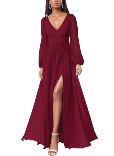firfig Damen-Maxikleid aus Netzstoff, tiefer V-Ausschnitt, offener Rücken, durchscheinend, lange Ärmel, Schlitzbein, Brautjungfernkleid,...