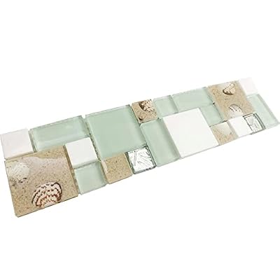 Hominter Tile Sample 3 x 12 Inches: Lake Green Glass and White Stone Mosaic, Conch Shell Tile Magic Patterns, Perfect for Kitchen Backsplash and Bathroom Shower and Accent Wall NB02