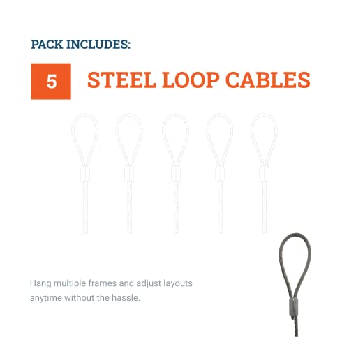 Image of Loop Hanging Steel Cables 72-inch - Supports 25 lbs - 5 Pack - Stainless Steel Braided Picture Hanging Cord for Picture Rail System