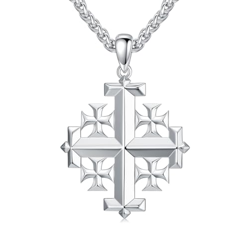Jerusalem Cross Necklace 925 Sterling Silver Christian Jewelry for Men, w/Stainless Steel Chain 22 + 2 Inch