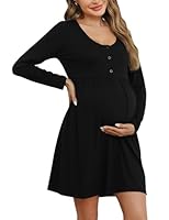 Bresdk Nachthemd Damen Langarm Knöpfe Stillkleid Nachtwäsche Umstandsmode Stillnachthemd Umstandskleidung, Schwarz, XL