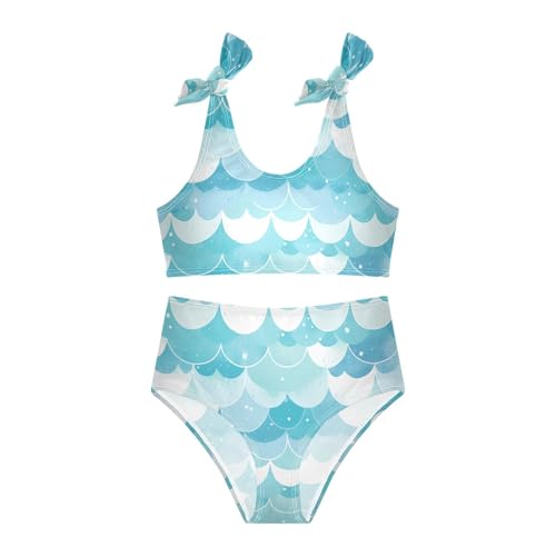 Glitter Teal Mermaid Scales Pattern Girls Two Piecing Kids Bikini Set Scoop Neck Swimsuit Swimming Suits Adjustable Strap3