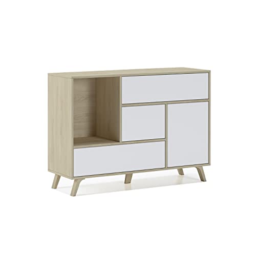 Skraut Home | Buffet pour Salon ou Salle à Manger | 86 x 120 x 40 cm | Buffet avec 1 Porte + 3 Tiroirs | Modèle Wind | Bois Résistant | Finition Chêne/Blanc