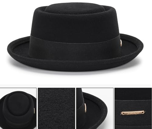 Damen-Glockenhut aus reinem Wollfilz, aufrollbare Krempe, Fedora, Porkpie, Fliege, edler Derby-Hut, Größe S/M, Schwarzes Design2, M