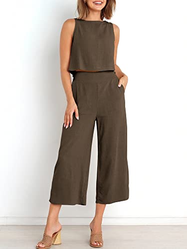Image of ANRABESS Women's Summer 2 Piece Outfits Sleeveless Tank Crop Button Back Top Cropped Wide Leg Pants Set Pockets