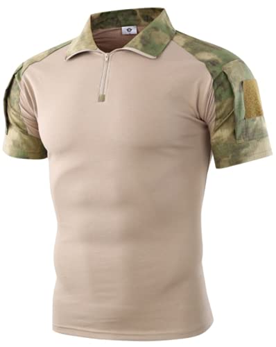 Czen Men's Short Sleeve Tactical Shirts Military Tee Outdoor Shirt Tactical Combat Shirt with Zipper (XL,Ruin Green)