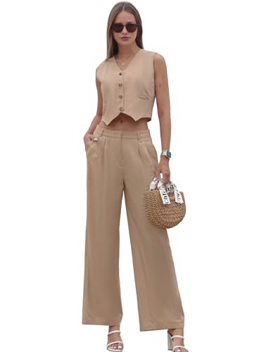 Women's Summer Blazer Vest 2 Piece Outfits V Neck Sleeveless Button Down Waistcoat and Wide Leg Pants Set with Pockets