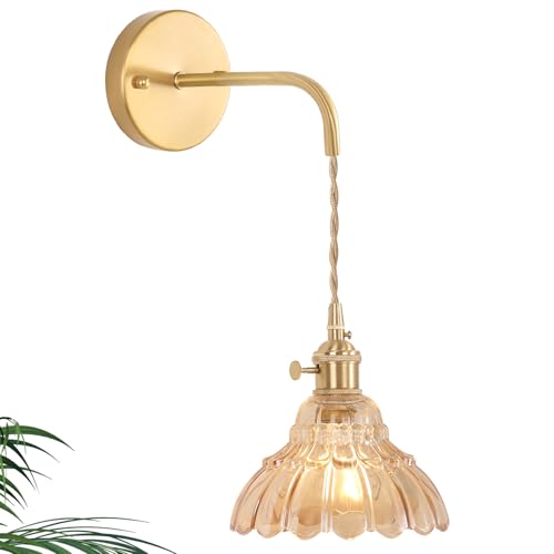 Image of Shenmoyl Vintage Wall Sconce with Amber Lily of the Valley Shade Pattern Glass Adjustable Chain Retro Gold Wall Mounted Light, Modern Wall Lamp Fixtures Decor for Bedside Bedroom Indoor Doorway