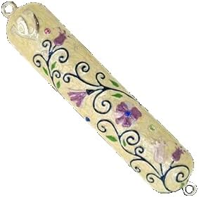 Jet Elegant Enameled Mezuzah with Flowers in Cream