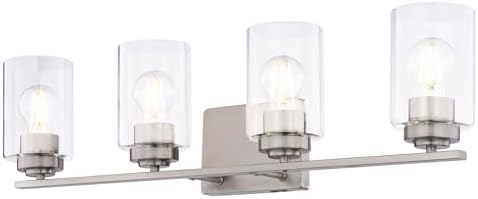 VAXCEL Park Ridge 4-Light 27.5 in. Wide Satin Nickel Transitional Bathroom Vanity Lighting Fixture, Clear Glass Shade, Dimmable, LED Compatible, Over The Mirror Mounted Steel Wall Sconce