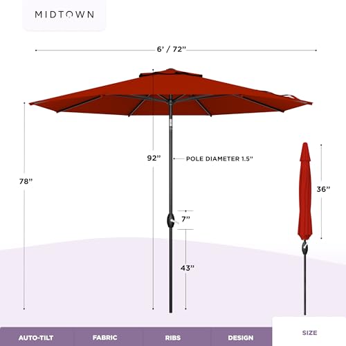 Image of Midtown Umbrellas - 10-Year-No-Fade 6 Ft Patio Umbrella with Terylast Fabric, Auto-Tilt Aluminum Frame and 8 Reinforced Ribs for Deck, Pool, Garden & Beach - Apple Red Canopy, Black Pole