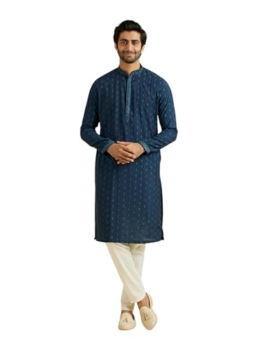 Kurta Manyavar bleu foncé ensemble de pyjama brodé en viscose XL pour homme