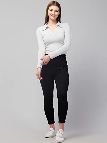 Image of Ribbed Polo Collar Full Sleeves Tops for Women