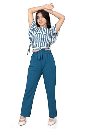 Image of Girls /Kids Printed Floral Designer Top and Palazzo Set Crop Top and Palazzo Set Printed /Fancy Palazzo and top Set for Girls with tie in Waist