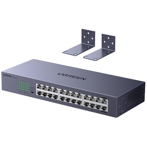 UGREEN 24 Port Gigabit Switch, Rackmount Plug & Play Ethernet Switch, 4 Mode, Unmanaged Network Splitter for Office & Business, Metal Fanless Desktop & Wall Mount Hub for NAS, PC, Printer, Router