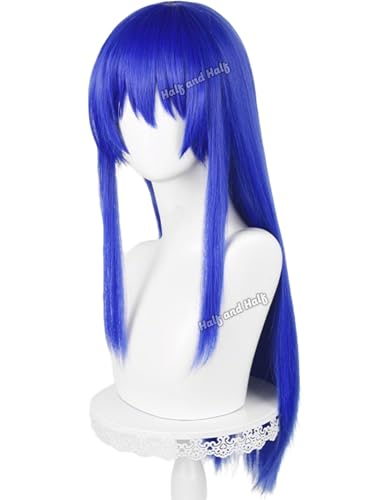 Image of Half and Half Long Deep Blue Anime Wig for Kokomi Teruhashi Cospaly 23.6'' Dark Blue Female Wig with Bangs Sapphire Blue Synthetic Hair Wigs for Women Halloween Party Costumes
