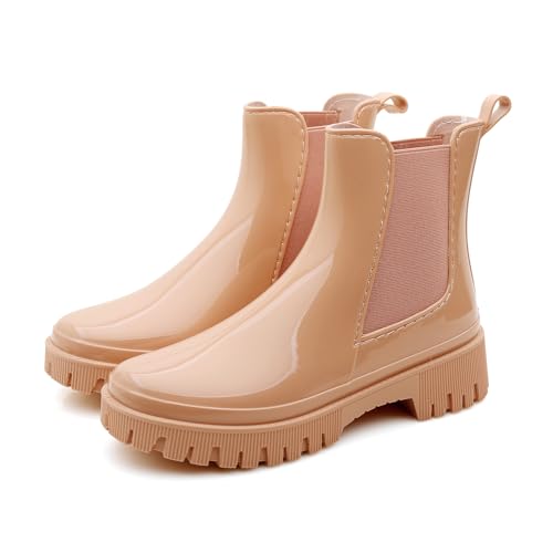 Botas de água para mulher, curtas impermeáveis Chelsea botas de campismo, botins Cowboy cunha borracha de PVC botas para exteriores, ROSA, 41 EU