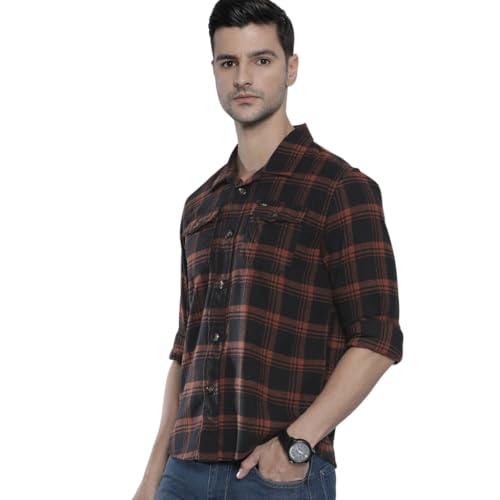 Image of The Indian Garage Co Men Regular Fit Checkered Full Sleeves Spread Collar Double Flap Pocket Casual Over Shirt