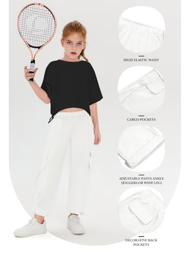 Image of Haloumoning Girls Parachute Pants Kids Wide Leg Cargo Pants Y2K Street Trousers with Pockets 5-14 Years