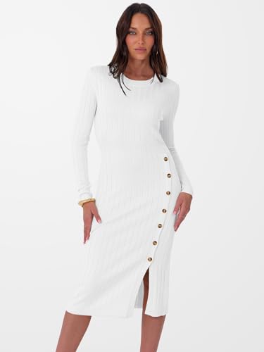 ANRABESS Womens 2025 Fall Long Sleeve Midi Dress Ribbed Knit Bodycon Fitted Button Down Wedding Guest Slit Sweater Dresses