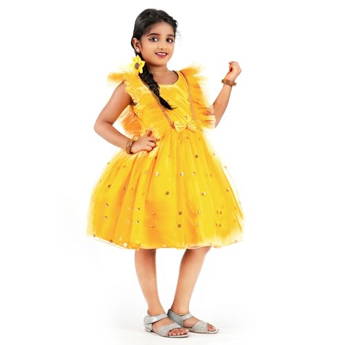 Image of Stanwells Kids Dress for Girls Bow Shade Sequins Embroider Knee Length Frock for Baby Girls Silk Birthday Perfect Dress Frock