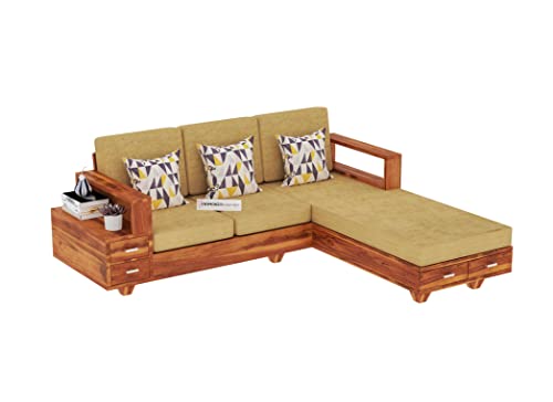 Image of Solid Sheesham Wood L Shape 5 Seater Sofa Set for Living Room, Wooden 5 Seater L Shape Sofa Set with Cushions (L Shape, Honey Finish)