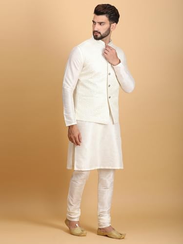 Image of Ethluxis Men Silk Blend Kurta Jacket Set with Mandarin Collar