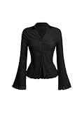 SOLY HUX Women's Button Down T Shirt Collared V Neck Bell Long Sleeve Casual Tops Pure Black Medium