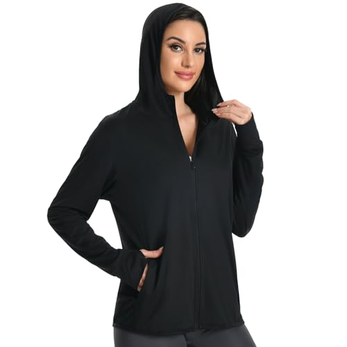 Veste de Sport Femme avec Capuche, Veste Protection Solaire UPF50+, Manche Longue Sweat Légère Zippé Sun Hoodie avec Poches pour Running Randonnée (Noir, L)