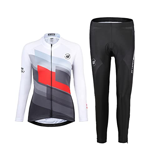 SKYSPER Abbigliamento Ciclismo Donna, Completo Bici Maniche Lunghe con Pantaloni Ciclismo Lunghi Traspirante per MTB Bici da Corsa da Strada, 047-Bianco, M