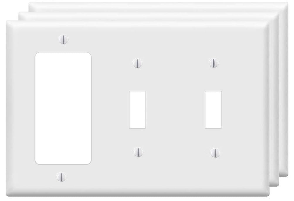 ZEFTV Combination Double Toggle/Single Decorator Rocker Outlet Light Switch Wall Plates 3-Gang Switch Electrical Cover Plate Unbreakable Thermoplastic Faceplate, White (3 Pack)