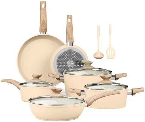 Kitchen Academy 12-teiliges beiges Granit Antihaft-Kochset für Induktion, PFOA/PFOS-frei, inkl. Bratpfannen & Töpfe, für alle Herdarten