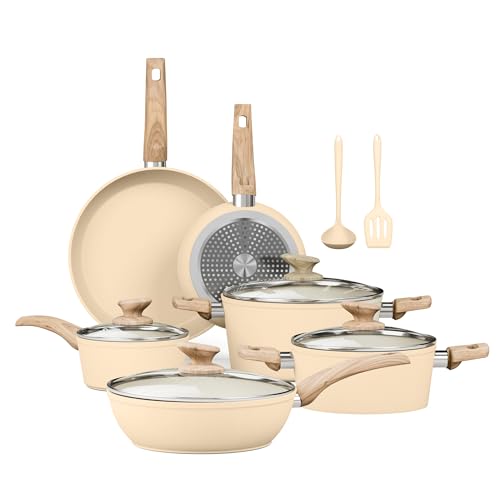 Kitchen Academy 12-teiliges beiges Granit Antihaft-Kochset für Induktion, PFOA/PFOS-frei, inkl. Bratpfannen & Töpfe, für alle Herdarten