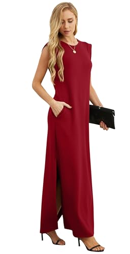 Image of GRECERELLE 2026 Women Year-Round Casual Round Neck Loose Split Wrinkle-Free Long Maxi Vacation Dress with Pockets (XXS-4XL)