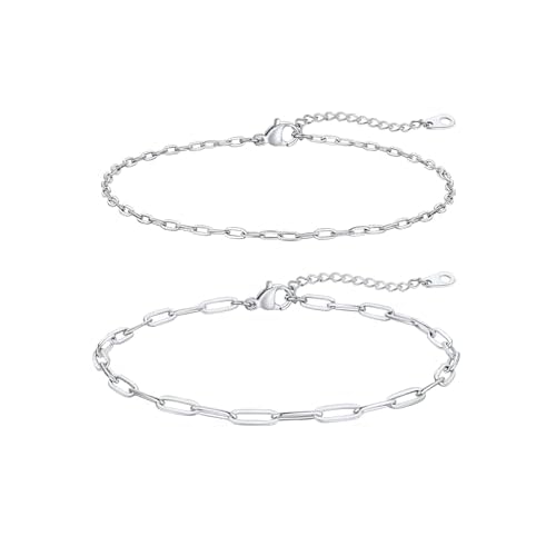 FaithHeart Waterproof Ankle Bracelets for Women, 1/2/3Pcs Non Tarnish Stainless Steel Layered Anklet Set Paperclip Figaro Cuban Link Chain Dainty Summer Beach Jewelry Gift Adjustable Size e.
