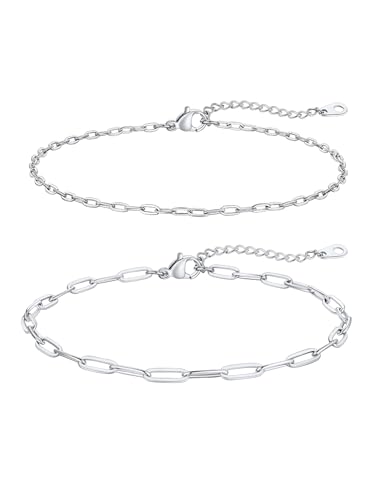 Image of FaithHeart Waterproof Ankle Bracelets for Women, 1 /2 /3Pcs Non Tarnish Stainless Steel Layered Anklet Set Paperclip Figaro Cuban Link Chain Dainty Summer Beach Jewelry Gift Adjustable Size